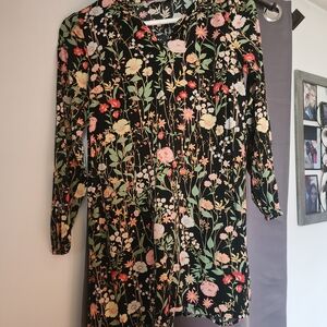 LOFT Black Floral Smocked-Neck Dress